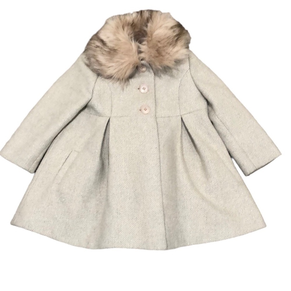 John Lewis Pea Coat Size 5 Tan Gold Fur Collar Peplum Hem